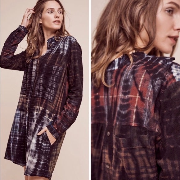 Anthropologie Burning Torch Plaid Tie Dye Burnout Button Down Tunic Dress - Picture 3 of 16